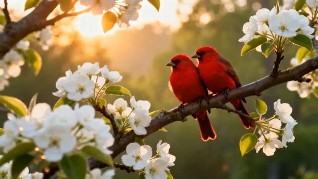 枝头双栖红鸟与白色花朵806#横屏 