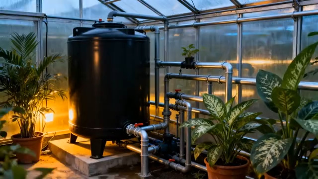  温室大棚内的储水罐与植物2545#横屏 	 