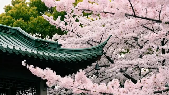 中式建筑旁盛开的樱花264#横屏 