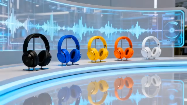 展示台上多彩耳机陈列1541#横屏 