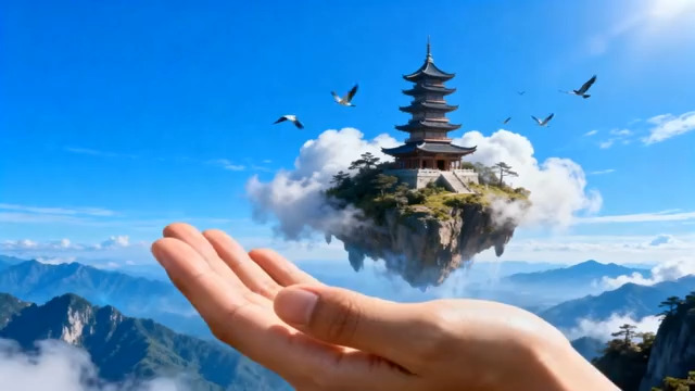  手托悬浮古亭与山水景观751#横屏 	 