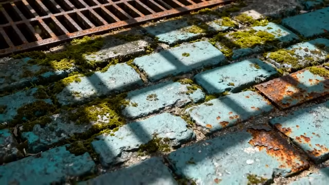 长苔藓青砖与生锈格栅光影素材5442#横屏 