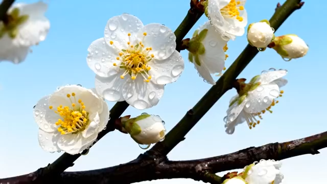 枝头带水珠的白色梅花特写3675#横屏 