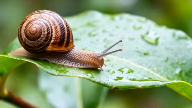  蜗牛在绿叶上爬行特写2933#横屏 	 