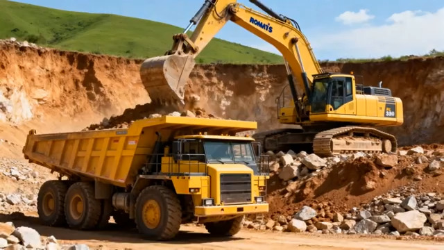  挖掘机向卡车装载矿石素材955#横屏 	 