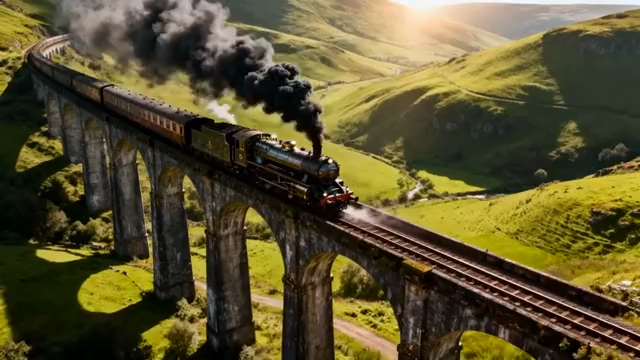 蒸汽火车行驶于山间高架桥1122#横屏 