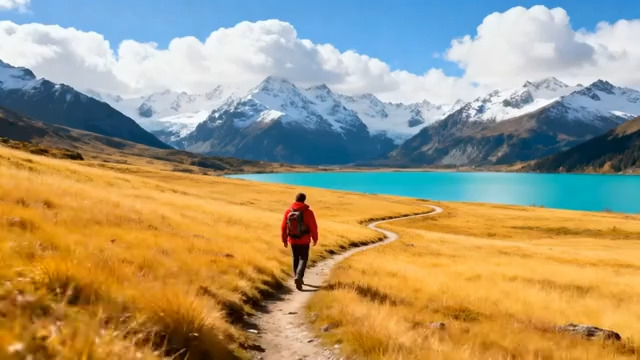  徒步者穿行于雪山草地间2130#横屏 	 