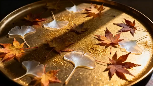  托盘上的银杏叶与枫叶3055#横屏 	 