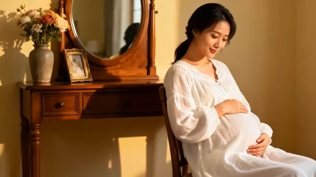 孕妇室内轻抚腹部温馨瞬间221#横屏 