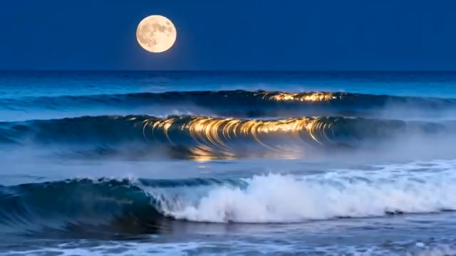 月夜下大海海浪景观2665#横屏 