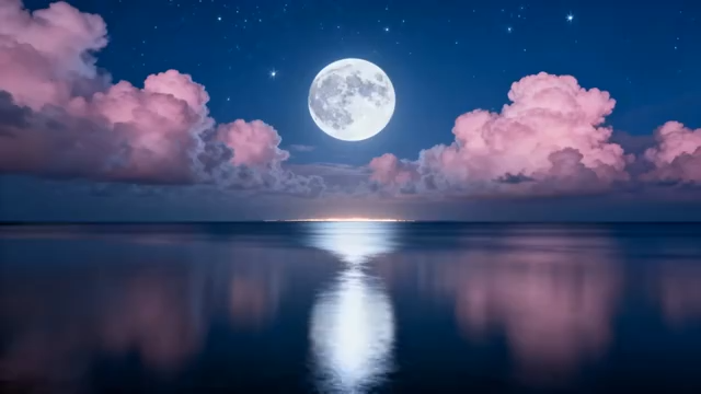 夜海面与粉色云朵景观(1)5235#横屏 