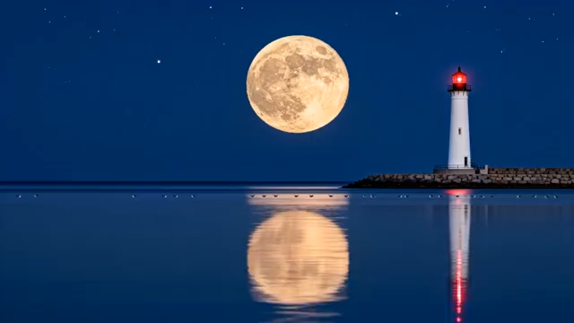 月夜下海边灯塔全景4173#横屏 