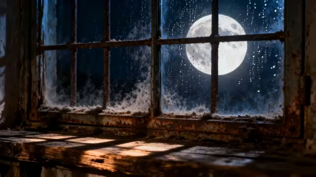  透过旧窗户看满月夜景1791#横屏 	 -
