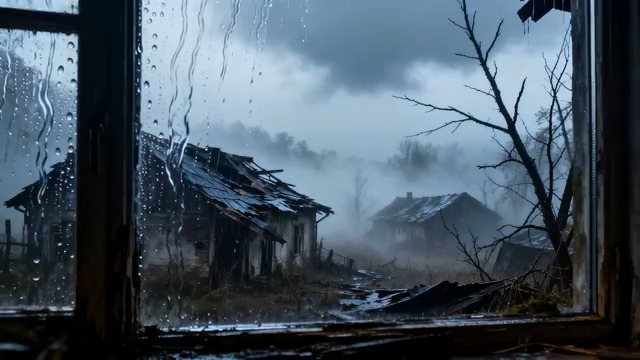  透过窗户看雨中破旧房屋736#横屏 	 