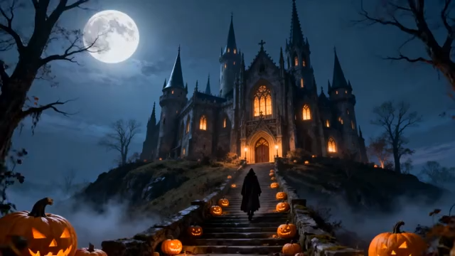 月夜下城堡前的万圣节场景3994#横屏 