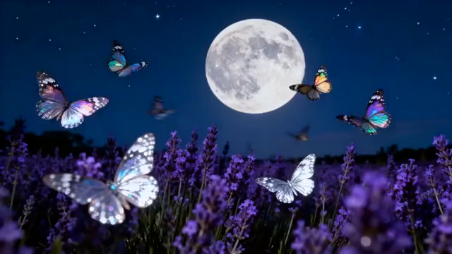 月夜下蝴蝶飞舞的薰衣草田1498#横屏 