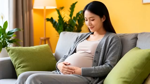 孕妇家中沙发上抚摸肚子329#横屏 
