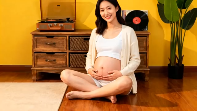 妇室内盘坐抚摸孕肚画面3477#横屏 