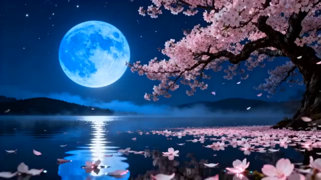 月夜樱花湖景自然风光1375#横屏 