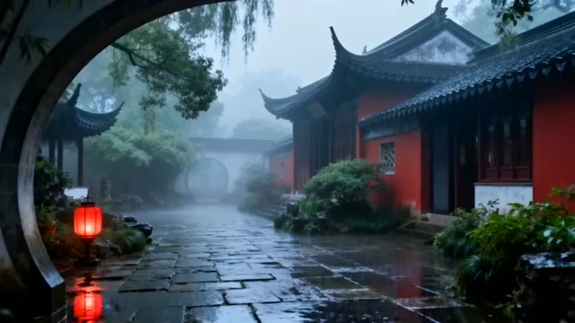 雨中中式古建筑庭院景观830#横屏 