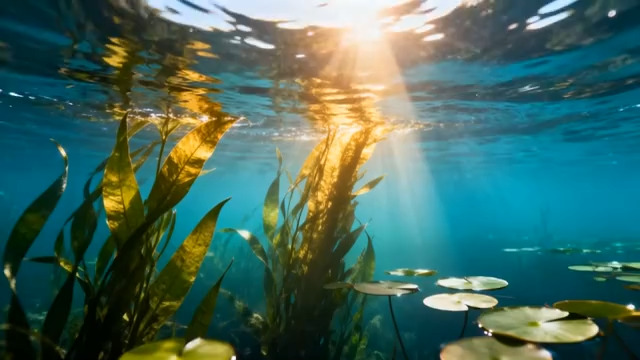  水下阳光照射水草浮萍画面2256#横屏 	 - 