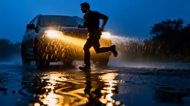 雨夜男子奔跑于汽车旁1644#横屏 