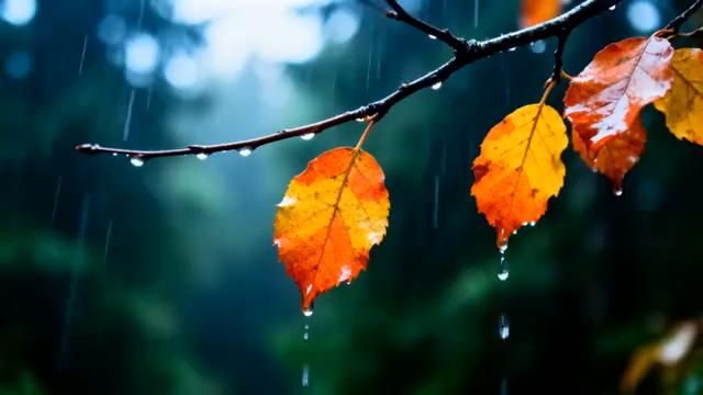 雨中树枝上的多彩秋叶2436#横屏 