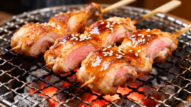  炭火上烤制的鸡肉串190#横屏 	 -