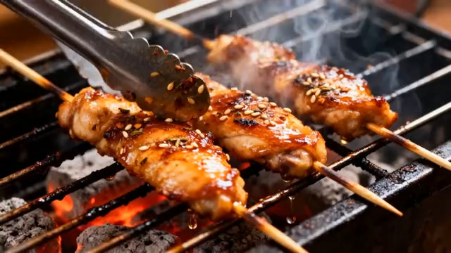  炭火烤制鸡翅中特写528#横屏 	 