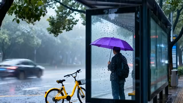 雨天公交站撑伞候车的人2707#横屏 