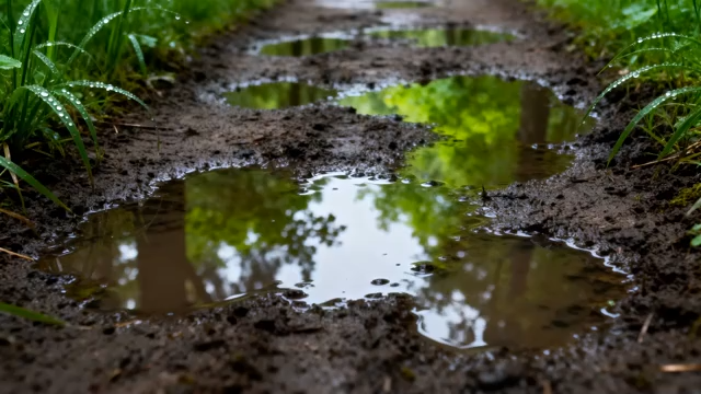 雨后泥泞小路积水画面4274#横屏 