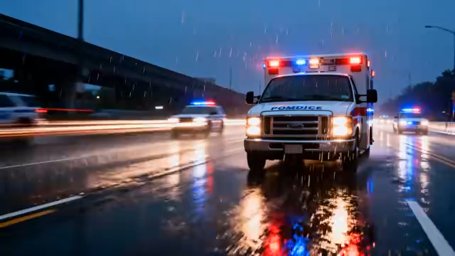 夜公路上行驶的救护车警车5408#横屏 