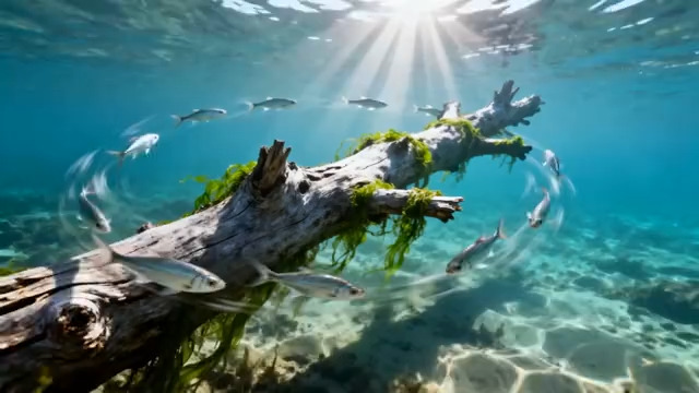  水下鱼群环绕枯木场景146#横屏 	 