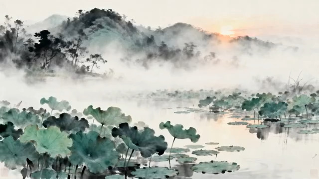  水墨山水荷花风景画面358#横屏 	 -