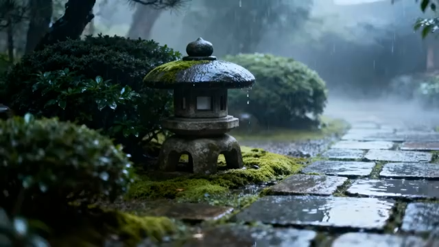 雨中日式庭院石灯笼景观3357#横屏 