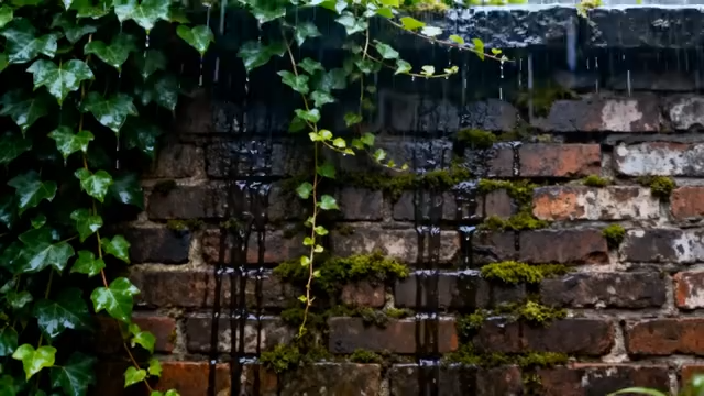 雨中砖墙与爬藤植物特写781#横屏 