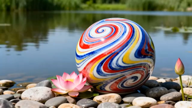  水边彩色球体与荷花素材662#横屏 	 