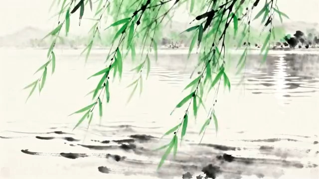  水墨柳树湖边风景427#横屏 	 