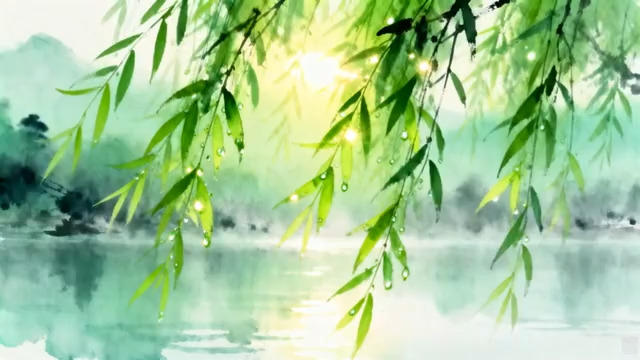  水墨风垂柳湖水风景1469#横屏 	 