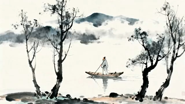  水墨山水古人泛舟画面素材1396#横屏 	 