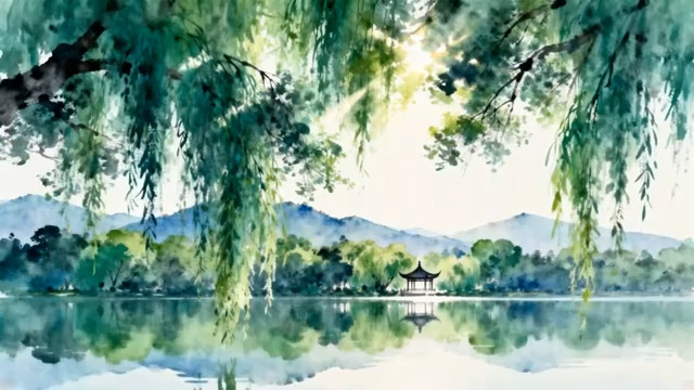  水墨风湖畔垂柳与亭素材189#横屏 	 