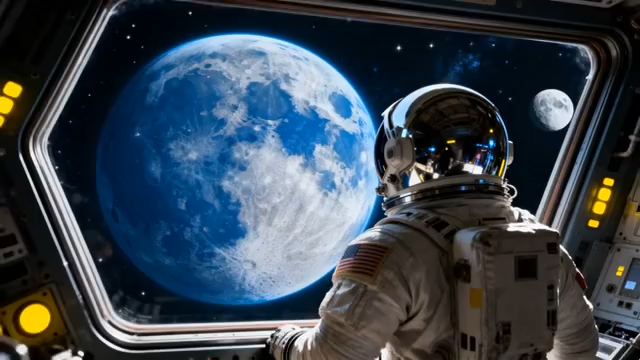 宇航员太空舱内眺望地球2957#横屏 