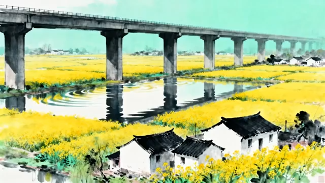 油菜花田上的高架桥景观3768#横屏 