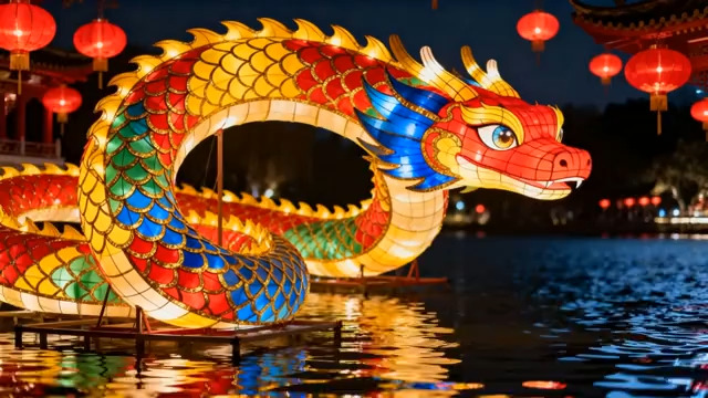  水面上的龙形花灯夜景1632#横屏 	 -