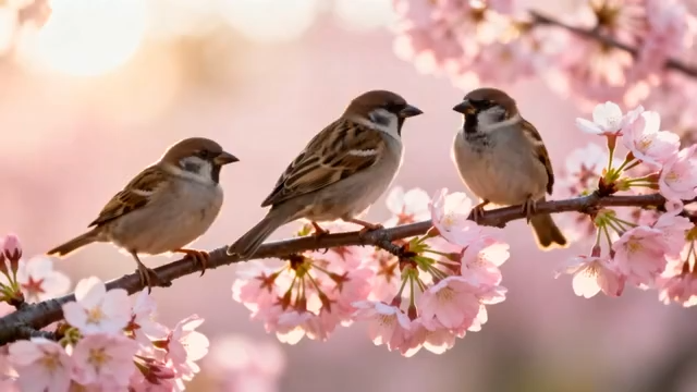 樱花树枝上的麻雀特写5413#横屏 