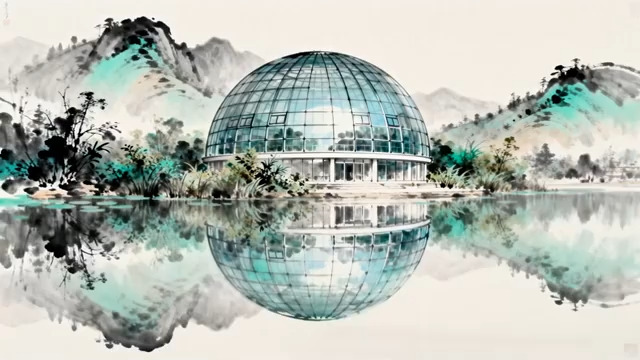  水墨风格球形建筑湖景1570#横屏 	 -