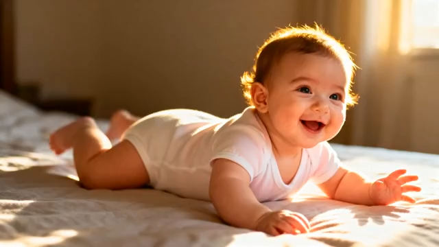 婴儿床上趴着微笑4787#横屏 