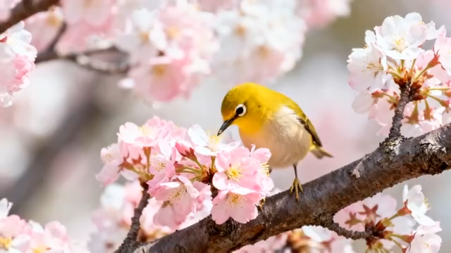 樱花树上小鸟觅食素材4837#横屏 