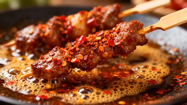 油锅中的辣椒烤肉串特写250#横屏 