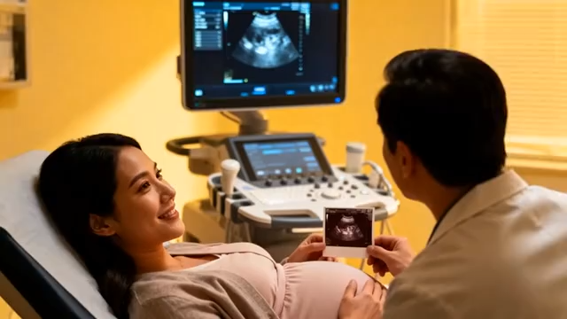 医生给孕妇展示超声照片4527#横屏 